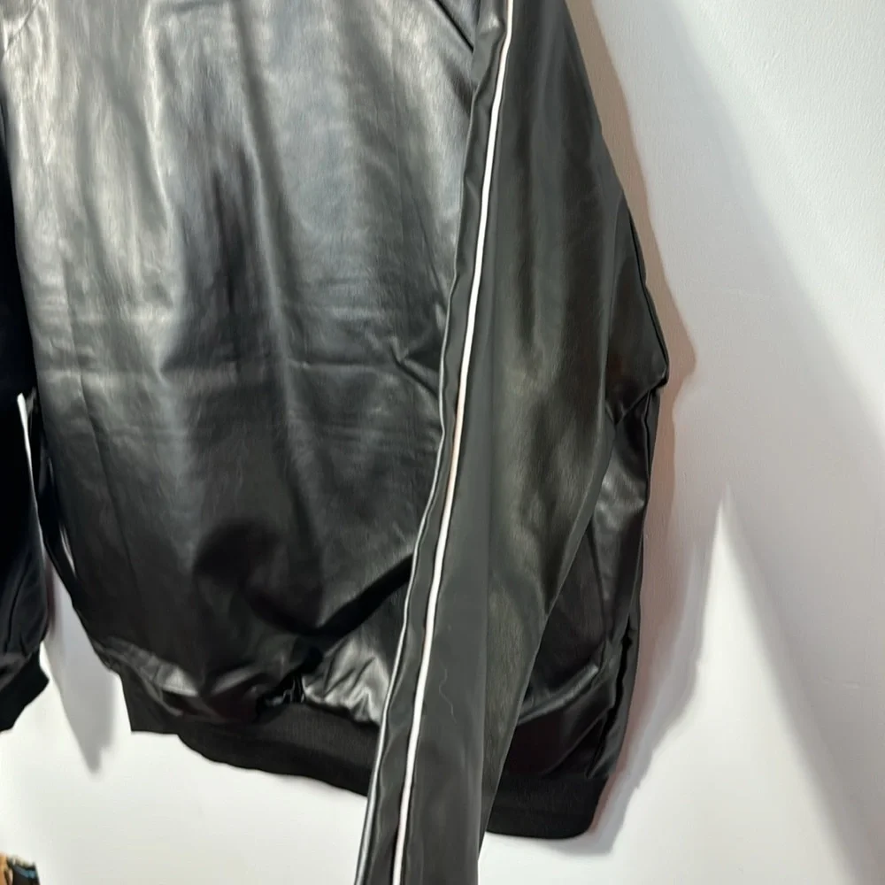 Jiechaofang Black with White Piping Faux Leather Jacket in Size‎ XL